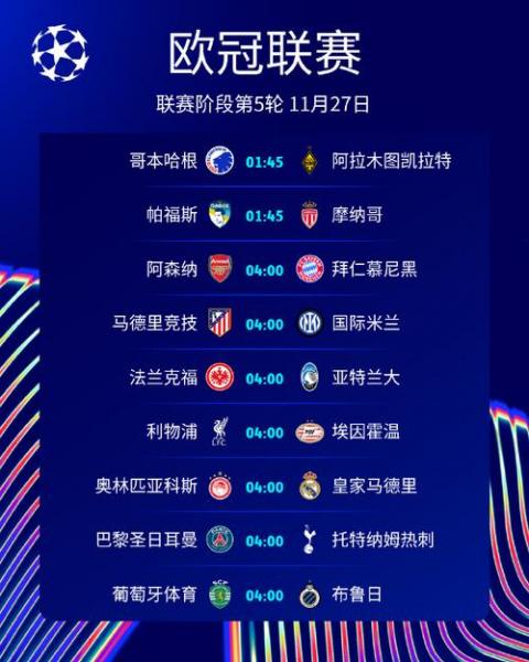 今晚欧冠联赛时刻表？今晚欧冠比赛地点？